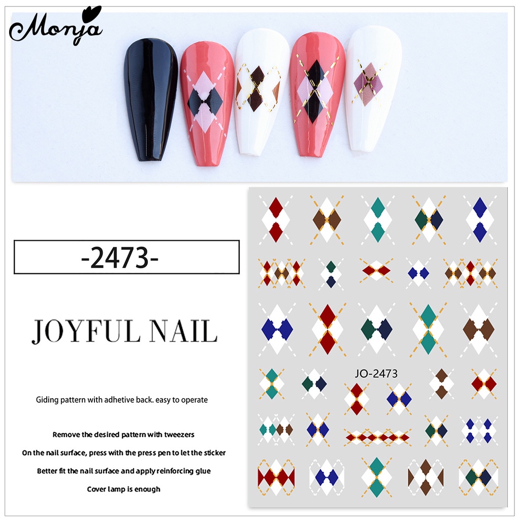 Monja Nhãn Dán Trang Trí Móng Tay Tự Dính Họa Tiết Kẻ Sọc Hình Thoi Mùa Thu Đông diy