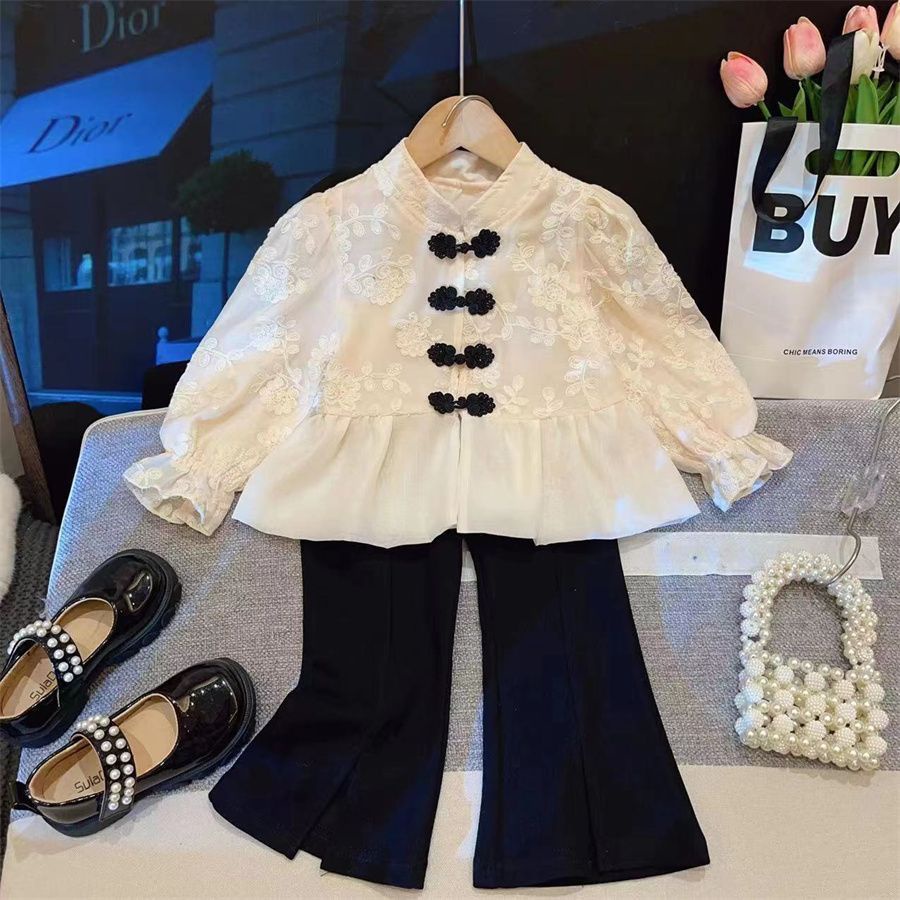 Set Áo Quần Ống Loe Thêu Họa Tiết Phong Cách Trung Hoa Mới Cho Bé Gái