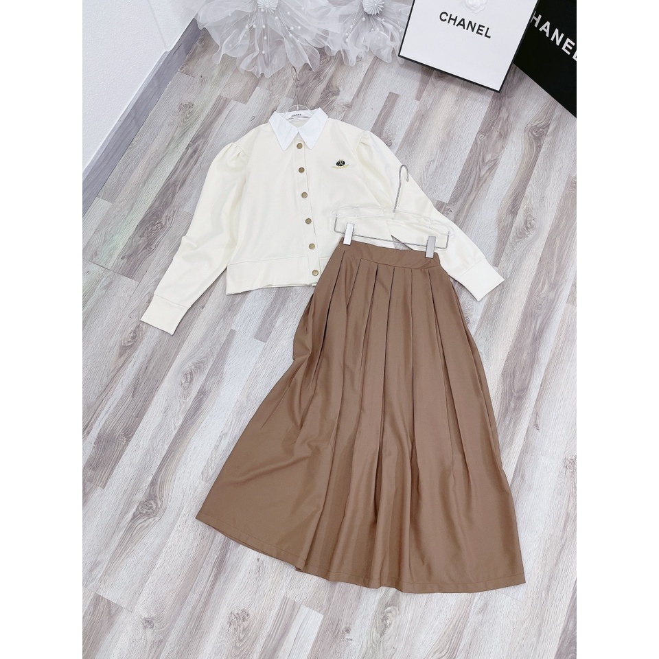 Set áo nude kem cổ sơmi nút đồng+chân váy midi nâu