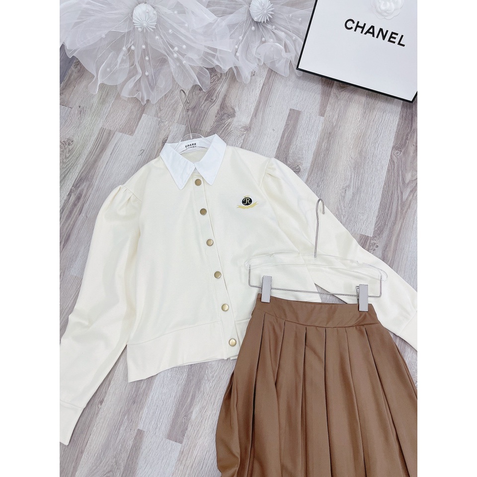 Set áo nude kem cổ sơmi nút đồng+chân váy midi nâu