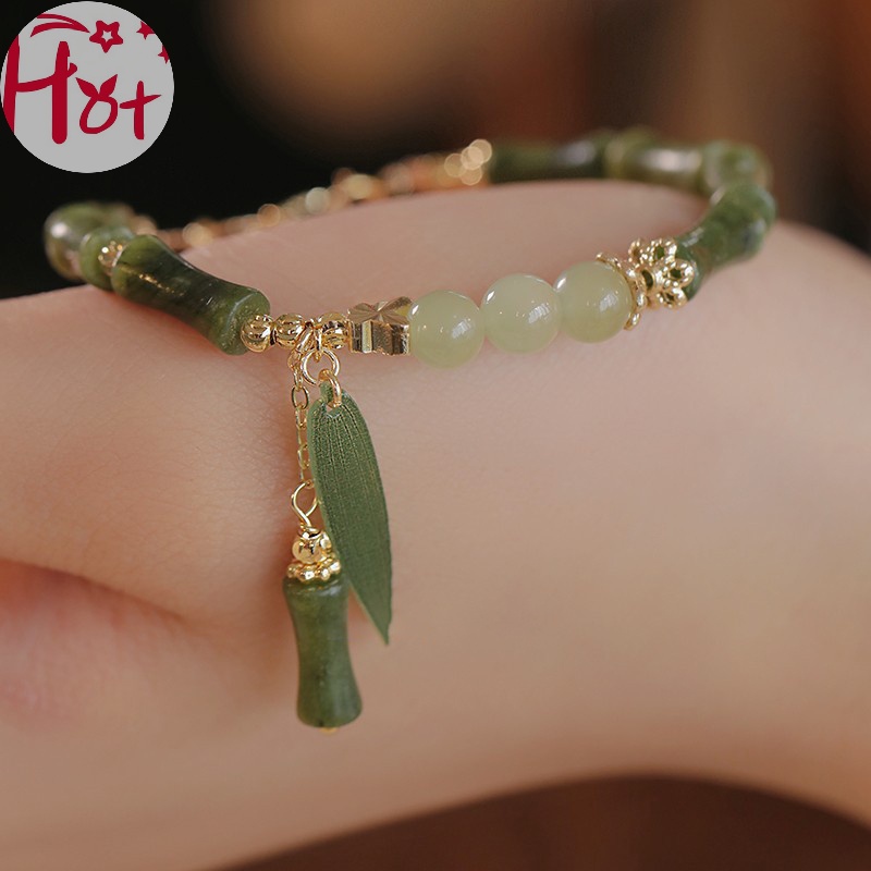 Jr Vòng Tay Chuỗi Hạt Phối Mặt Hình Lá Tre Phong Cách Trung Hoa