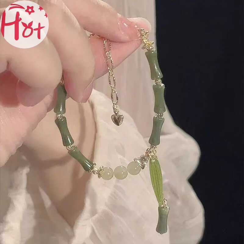 Jr Vòng Tay Chuỗi Hạt Phối Mặt Hình Lá Tre Phong Cách Trung Hoa