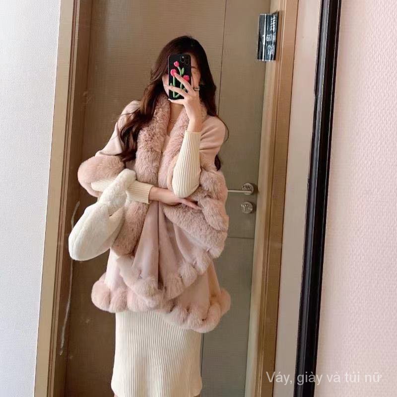 Áo Choàng Dệt Kim Phối Lông Thời Trang Thu Đông Cho Nữ