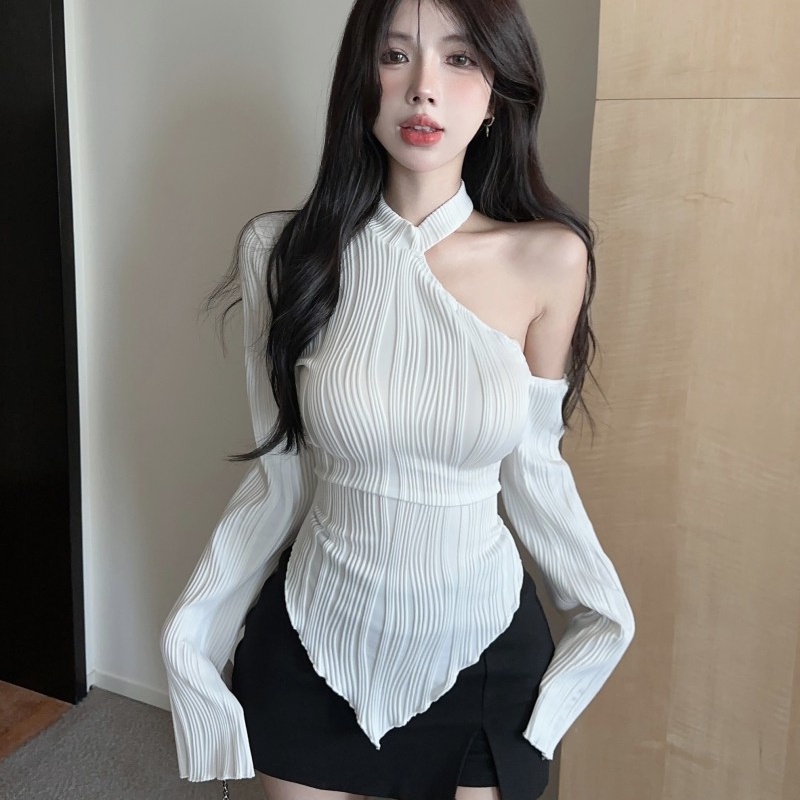 Áo Thun Tay Dài Hở Vai Mùa Thu Đông Phong Cách Mới Đa Năng Hình Cô Gái Nóng Bỏng Màu Trắng Không Đối Xứng Phong Cách Mới