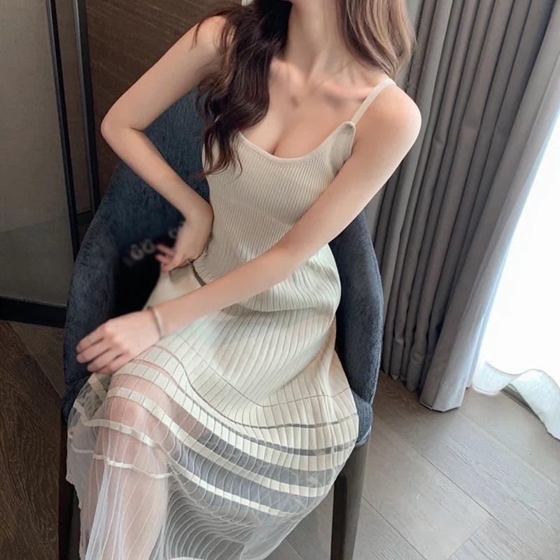 Đầm Dệt Kim Sát Nách Phối Lưới Thời Trang Mùa Hè Cho Nữ