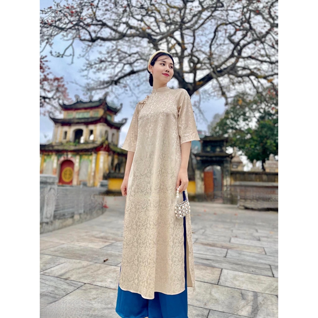 Áo Dài Cách Tân Dáng Xuông Chất Gấm Tơ Đính nơ