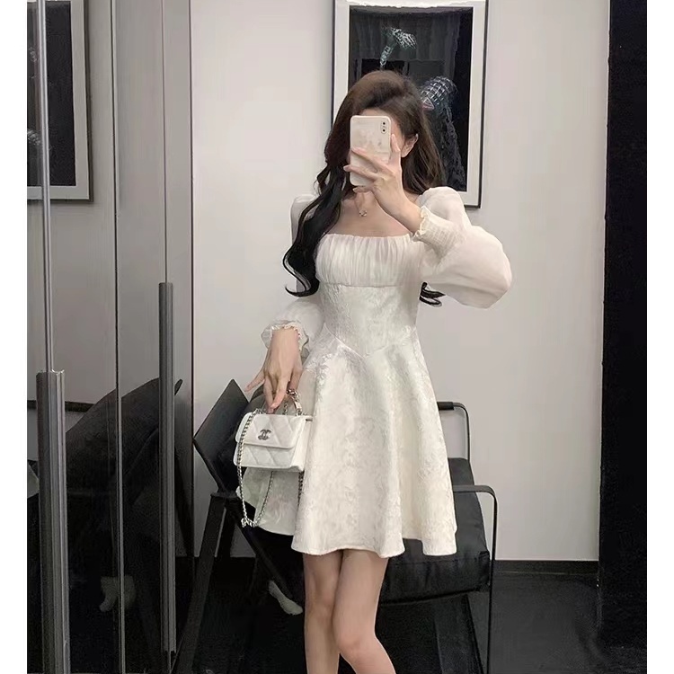 Đầm Cổ Vuông Tay Dài Phong Cách Pháp Thời Trang Xuân Thu 2023 Mới Cho Nữ