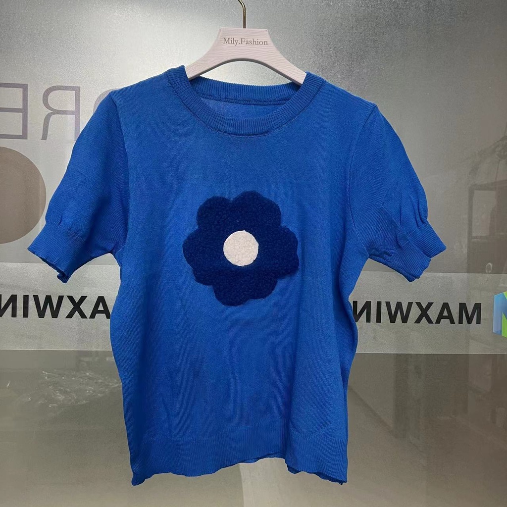 Milyfashion Áo sweater Dệt Kim Tay Phồng Ngắn In Hoa Màu Xanh Dương Thời Trang Mùa Xuân 2023 Cho Nữ