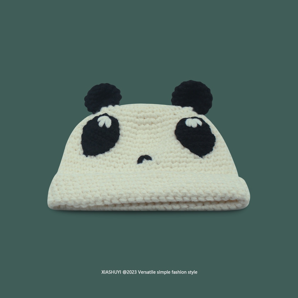 Dễ Thương Mũ Len Dệt Kim Đính Tai Gấu Trúc Phối Màu Tương Phản Xinh Xắn Cho Nữ