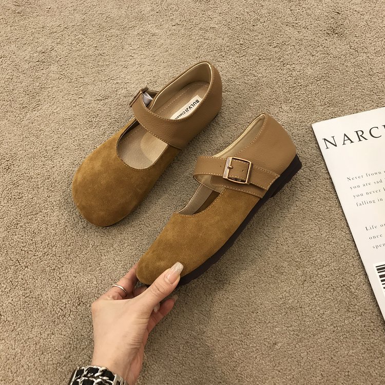 Giày Da Lộn Bít Mũi Đế Bằng Khóa Dán Thời Trang Đơn Giản Cho Nữ