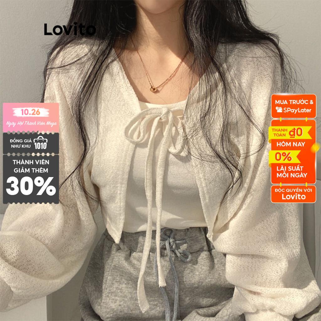 Áo cardigan Lovito tay dài cột dây màu trơn thường ngày cho nữ LNA06032 (Màu trắng/ đen)
