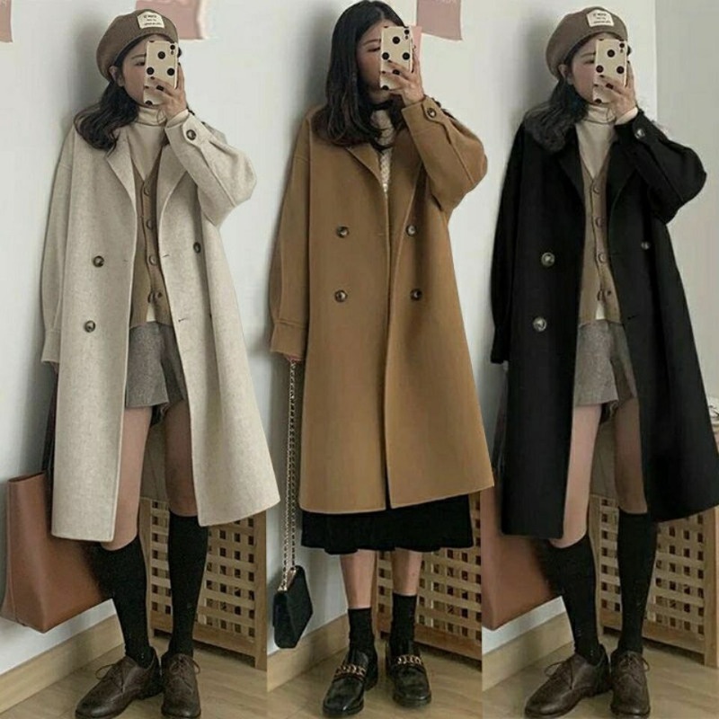 Áo Khoác Len Dày Dáng Dài Form Rộng Thời Trang Thu Đông Phong Cách Hàn Quốc Cho Nữ