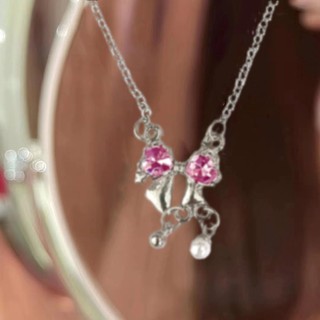 Dây chuyền mặt hình nơ đính đá zircon hồng 2023 cho nữ