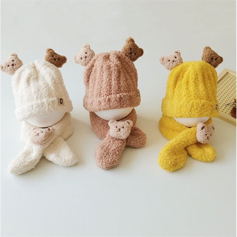 PVN61643 Mũ Len Gấu 3D Lông Cừu Cho Bé Kèm Khăn Quàng Cổ 5-24 Tháng