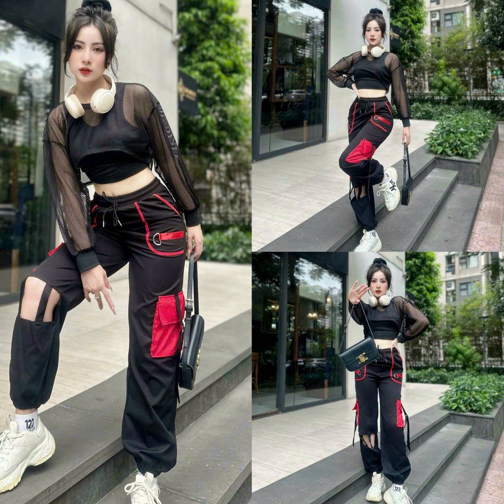 Sét 3 chi tiết  áo bra + áo lưới dài tay + quần jonger cá tính thể thao tập gym, zumba, erobic ,...