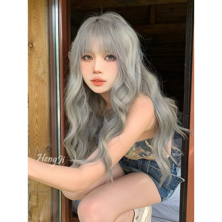 Bộ Tóc Giả Dài Xoăn Gợn Sóng Tự Nhiên Màu Xám Phong Cách lolita