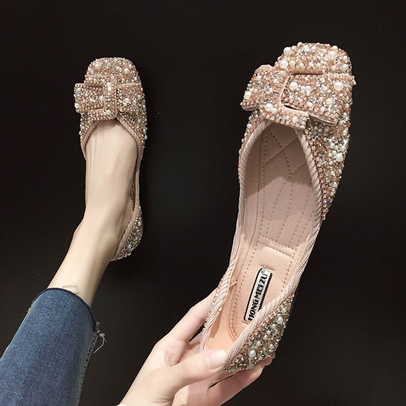 Giày Búp Bê Đế Mềm Mũi Vuông Đính Ngọc Trai Thời Trang Xuân Hè Cho Nữ