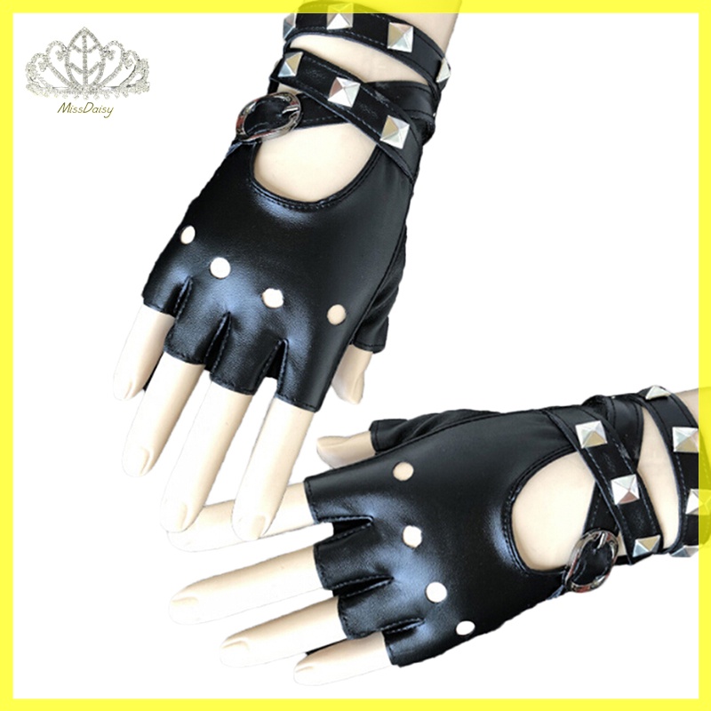 Găng Tay Da Hở Ngón Đính Đinh Tán Họa Tiết Hoa Cúc Thời Trang Cho Nữ