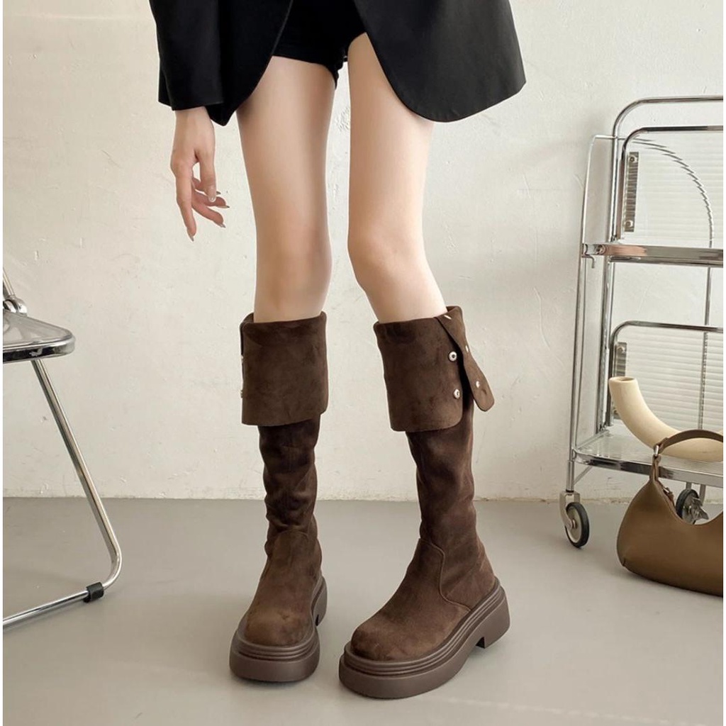 Giày Bốt Cao Qua Gối Bằng Da Lộn Màu Trơn Phong Cách Thu Đông Mới Cho Nữ