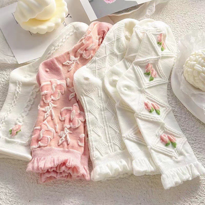 Đôi Vớ In Hình Hoa tulip Hồng Trắng Thời Trang Hàn Quốc Dành Cho Nữ