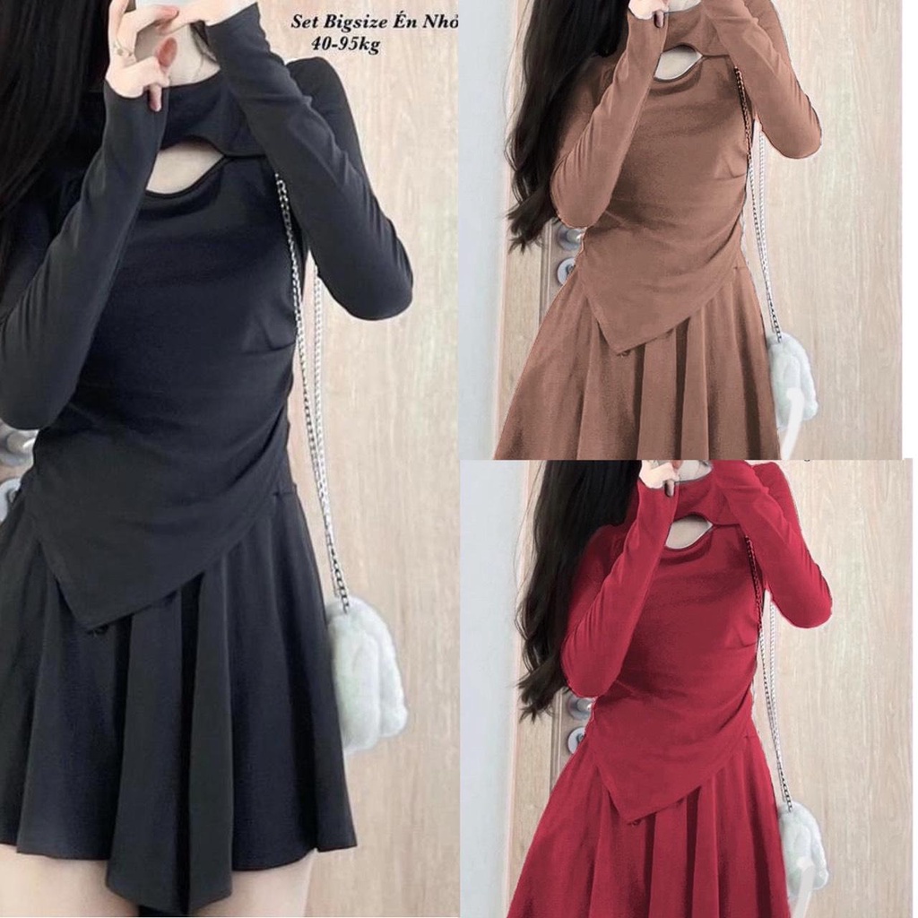 Set Bigsize Thun Tăm Thiết Kế Tay Dài Áo Khoét Trước Váy Xoè Có Lót Trong Hot Hit Thời Trang Bigsize