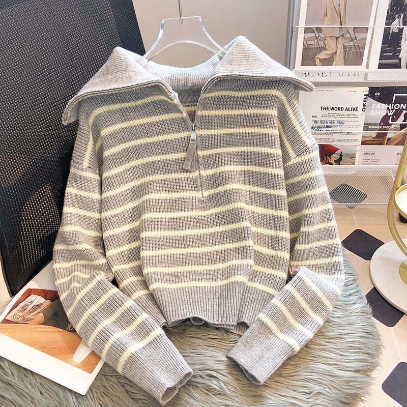 Áo sweater Dày Dặn Kẻ Sọc Có Khóa Kéo Phong Cách Mới 2023 Cho Nữ