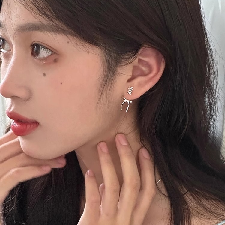 Bông Tai Đôi Bằng Bạc 925 Đính Nơ Có Thể Điều Chỉnh Kích Thước Dành Cho Nữ e451