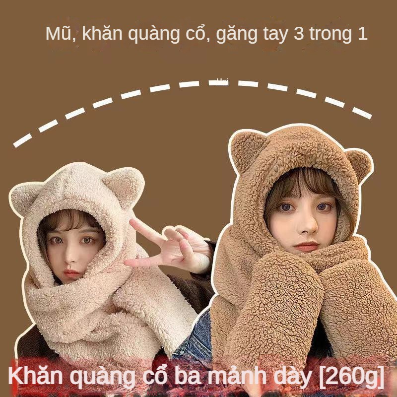 Bộ Áo Liền Quần Có Mũ Tai Gấu Dễ Thương Kèm Khăn Choàng Và Găng Tay Dày Dặn Giữ Ấm Mùa Đông Dành Cho