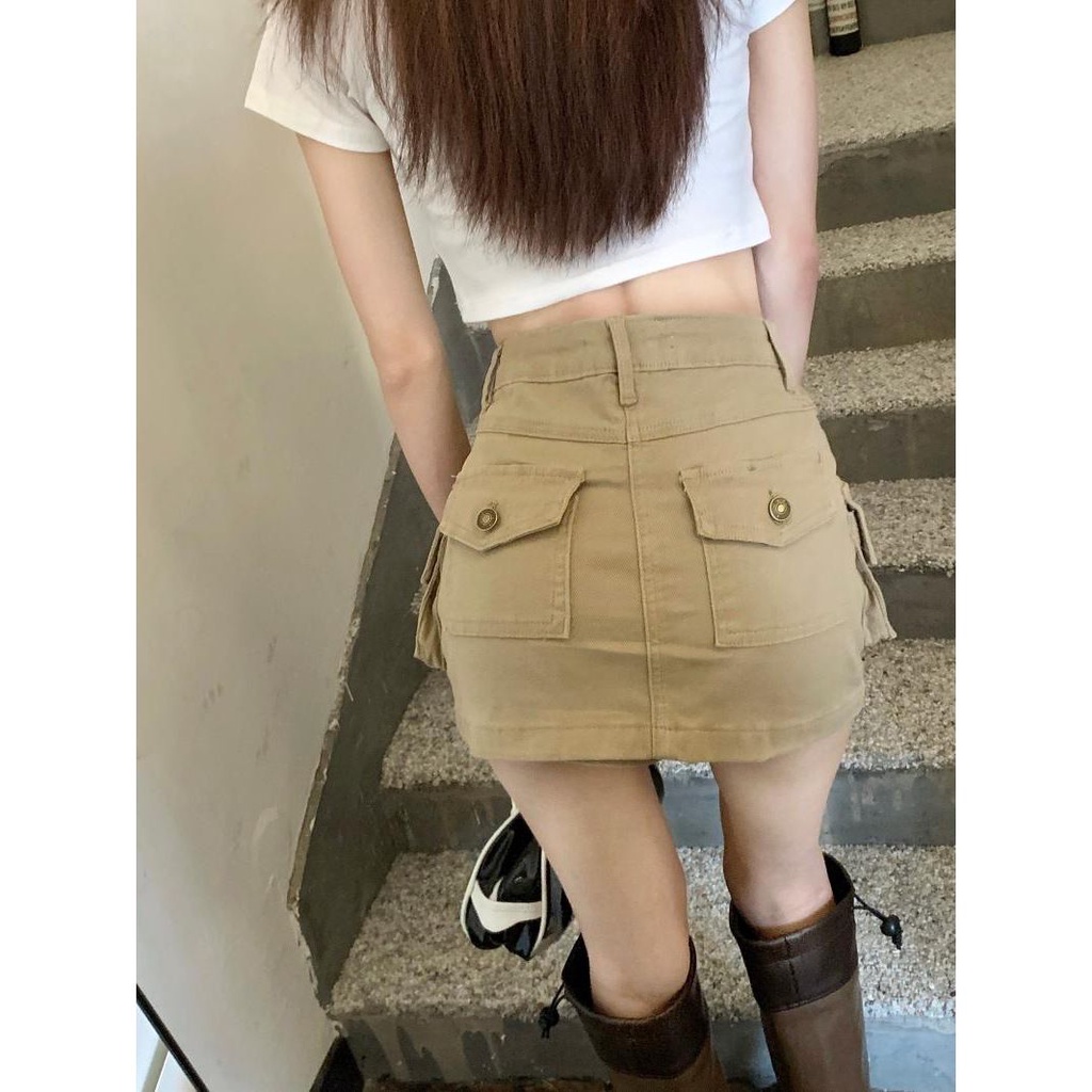 Chân Váy Kaki Chữ a Lưng Cao Có Túi Phong Cách retro Mỹ Cho Nữ