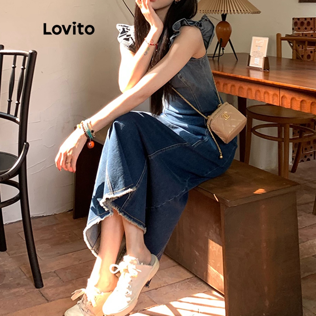 Đầm denim Lovito xếp nếp trơn kiểu dáng đơn giản cho nữ LNE11064