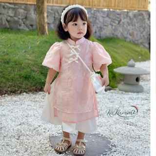 Áo dài 4 tà tay bồng kèm chân váy Thuyền Quyên áo dài bé gái xinh xắn vải ren lót lụa mềm mại cho da bé - AD019