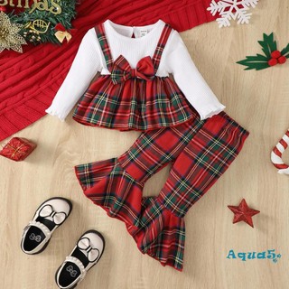 Set đồ 2 món gồm áo thun tay dài đính nơ và quần dài ống loe cho bé gái