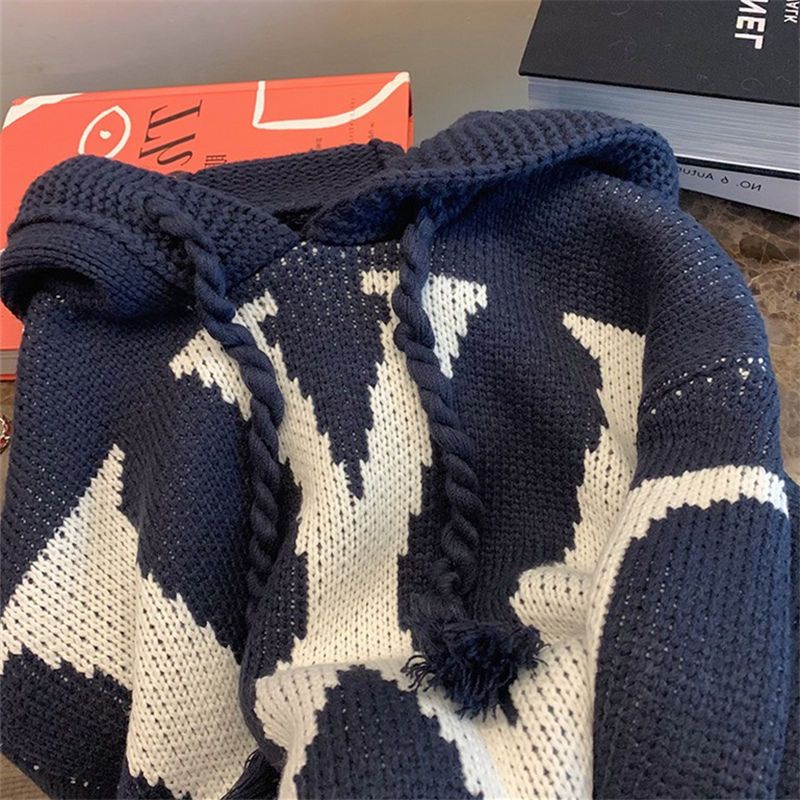 Áo Khoác Dệt Kim Có Mũ Trùm Dáng Rộng In Họa Tiết Thời Trang Thu Đông Cho Nữ