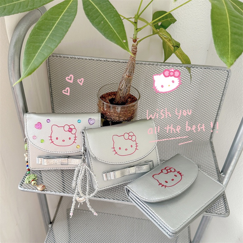 Jivivil Ví Ngắn Đựng Thẻ Sinh Viên Đa Năng Họa Tiết hello kitty Màu Bạc y2k Phong Cách Hàn Quốc instagram Đơn Giản Cho Nữ