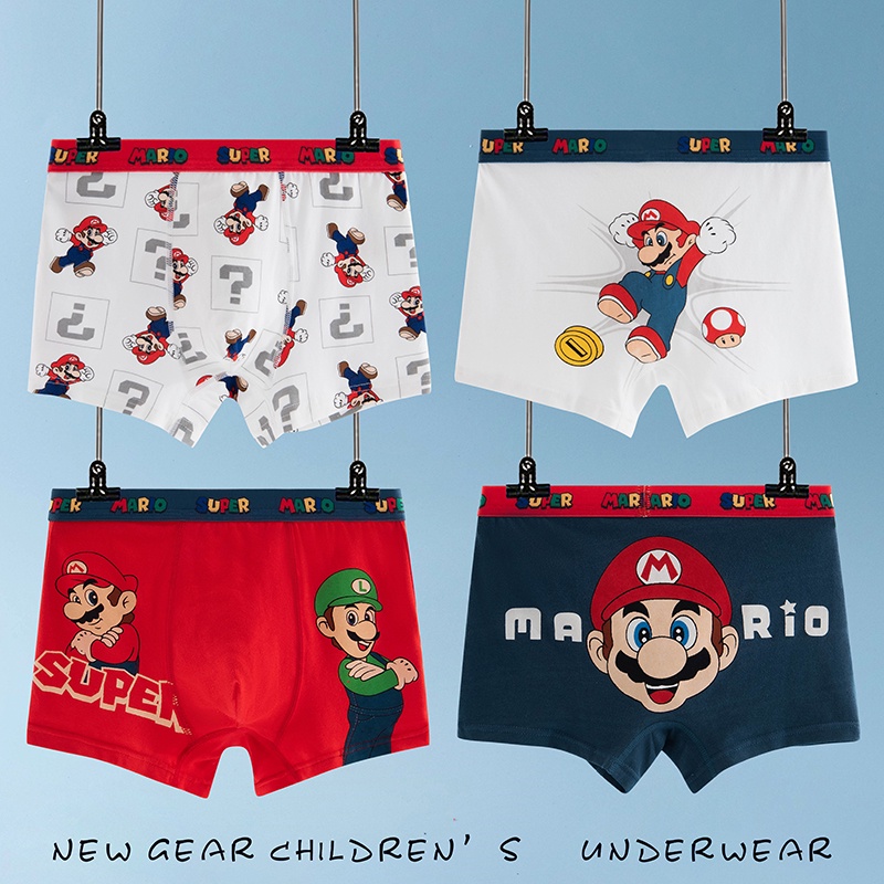 Suge set 4 Quần Lót cotton Thoáng Khí In Hình spiderman / mario Cho Bé Trai