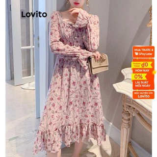 Đầm LOVITO eo cao có khóa kéo và nút cài diềm xếp nếp họa tiết hoa thường ngày dành cho nữ LNL02148 (màu hồng)