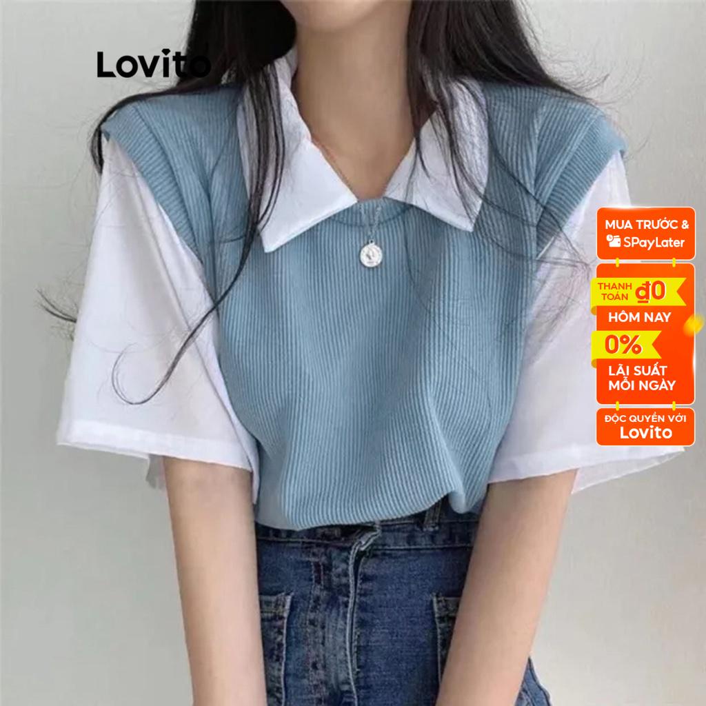 Áo dệt kim Lovito tay ngắn cổ đứng tương phản màu trơn thường ngày cho nữ LNE05150 (màu xanh dương)