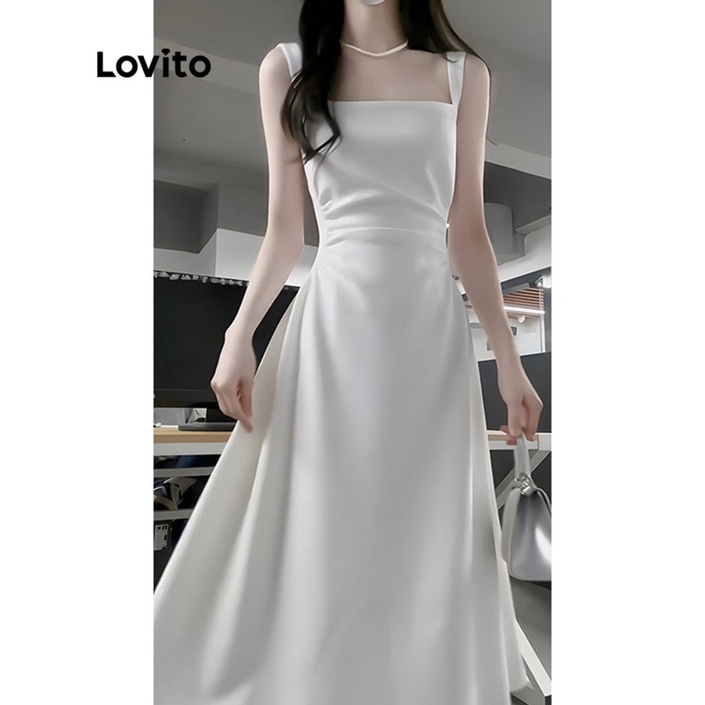 Đầm maxi Lovito dáng xòe không tay xếp nếp màu trơn thường ngày cho nữ LNA14069 (Trắng)