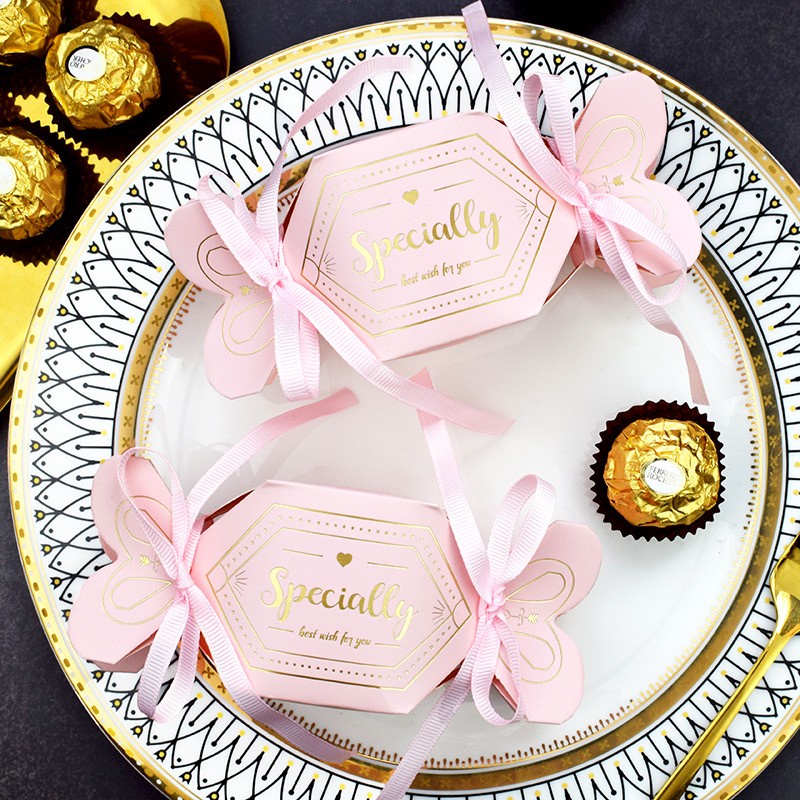 Hộp giấy mini hình kẹo 14x5cm thắt nơ làm phụ kiện giỏ quà Tết, hộp hoa văn thắt nơ H04 đựng socola bánh kẹo