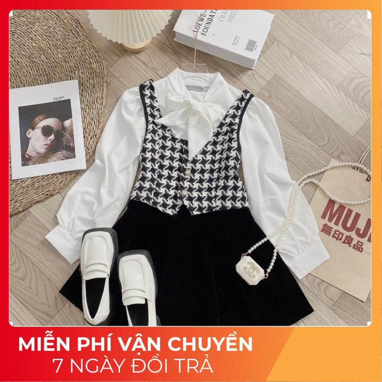 BS21 Bon Store Set Dạ 2 Món Áo Gile Kẻ Liền Sơ Mi Trong Siêu Dễ Thương phong Cách Hàn Quốc Có Ảnh Thật