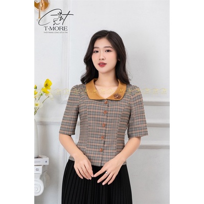Áo Ký Giả Kẻ Phối Cổ Đính Hoa Tay Lỡ TM2478 Hàng Chính Hãng T MORE
