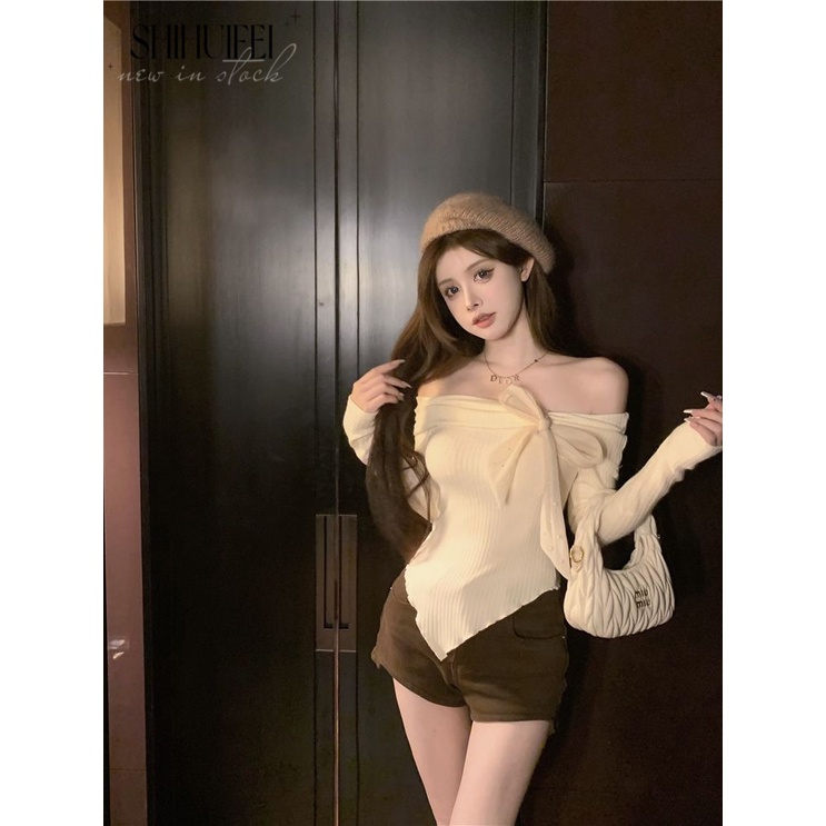 SHIHUIFEI Áo Len đỏ áo trễ vai len áo khoác cardigan Hàn Phong Đơn giản Fashion Thời trang WMY23C0118 48Z231202
