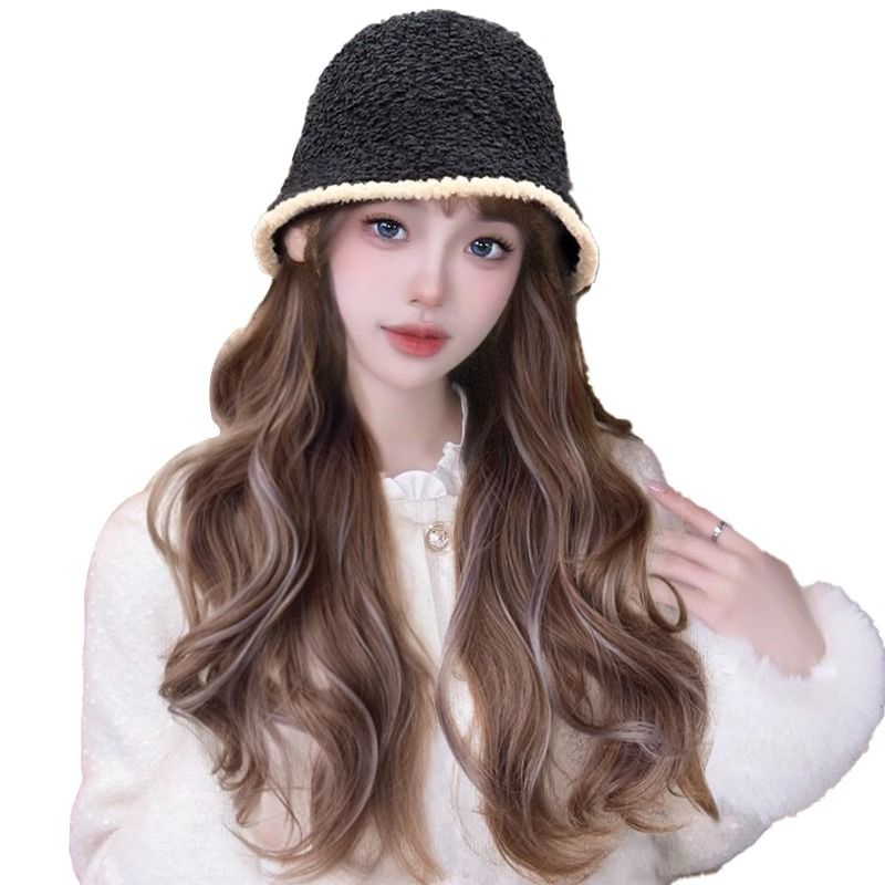 Mới Mũ bucket Kèm Tóc Giả Dài Uốn Xoăn Thời Trang Thu Đông 2023 Cho Nữ