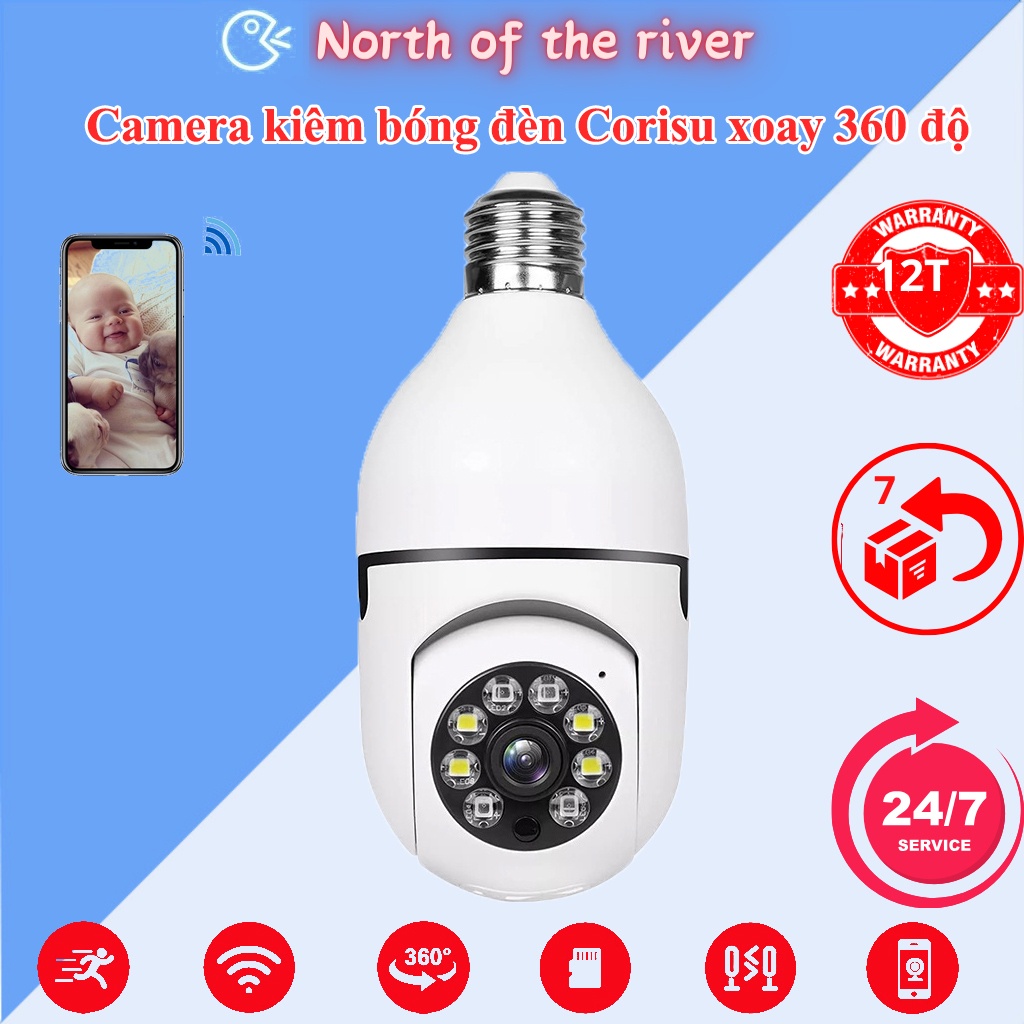 Camera giám sát không dây wifi kiêm bóng đèn xoay 360 độ, góc nhìn cực rộng Corisu E27 có hồng ngoại quan sát đêm