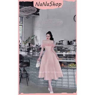 Đầm Trễ Vai Xòe Tapta Cao Cấp Cách Điệu Phối Lông Chiết Eo Dáng Midi Thời Trang Sang Trọng