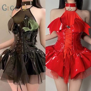 【GIGGLE】Dress+Neck Ring Outfits Party Clubwear Patent Leather Slight Strech Wet Look