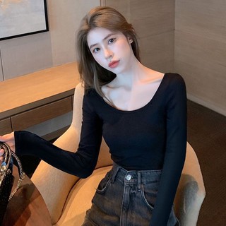 iMaodou Áo Thun Mỏng Tay Dài Cổ Tròn Màu Đen Thời Trang Xuân Thu Cho Nữ