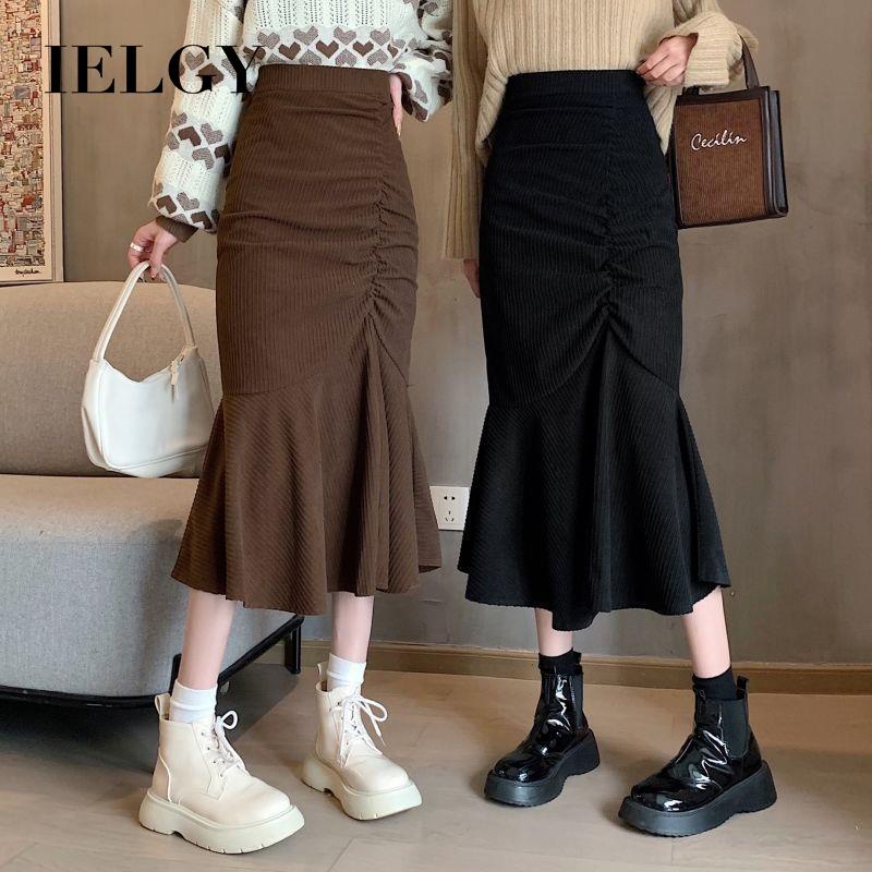 Ielgy Chân Váy Đuôi Cá Ôm Hông Vải Nhung Kẻ Màu Trơn Thời Trang Dành Cho Bạn Nữ