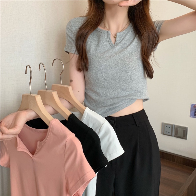 OOP Áo Thun Croptop Tay Ngắn Dáng Ôm Màu Hồng Thời Trang Mùa Hè Cho Nữ HZFWC8223