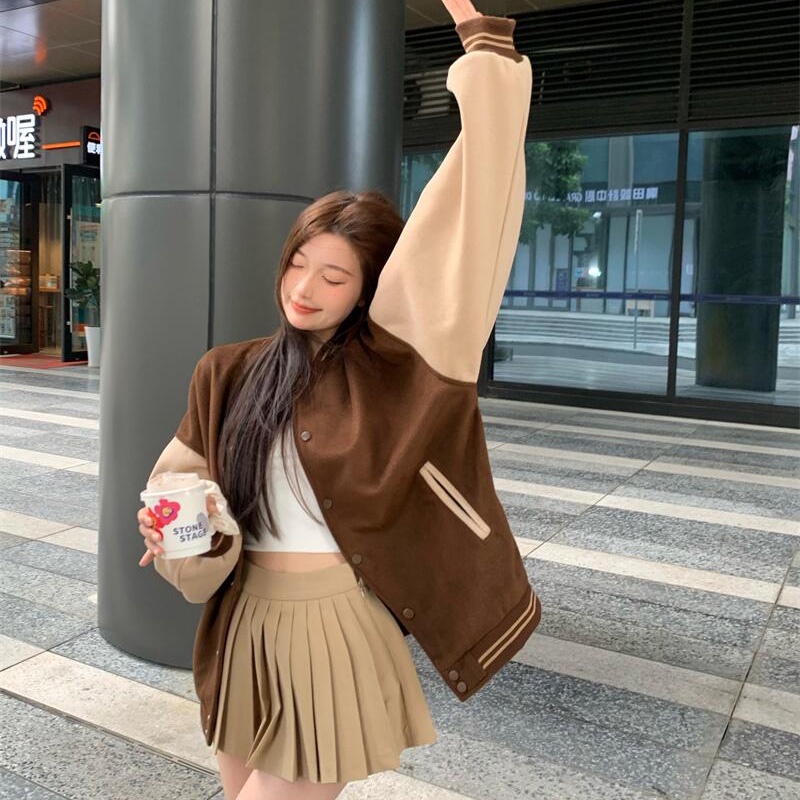 Enlee Áo Khoác Bóng Chày Dáng Rộng Ấm Áp Phong Cách retro Cho Nữ